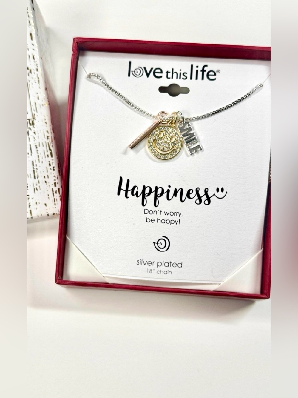 'Love this Life Happiness Silver Plated 18” Chain Silver-Plated Smile